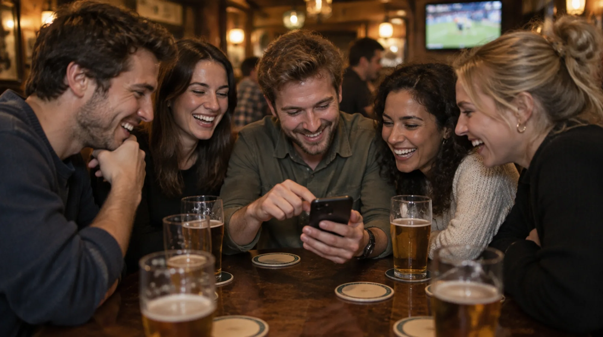 Vrienden aan een kroegtafel buigen zich lachend over één telefoon